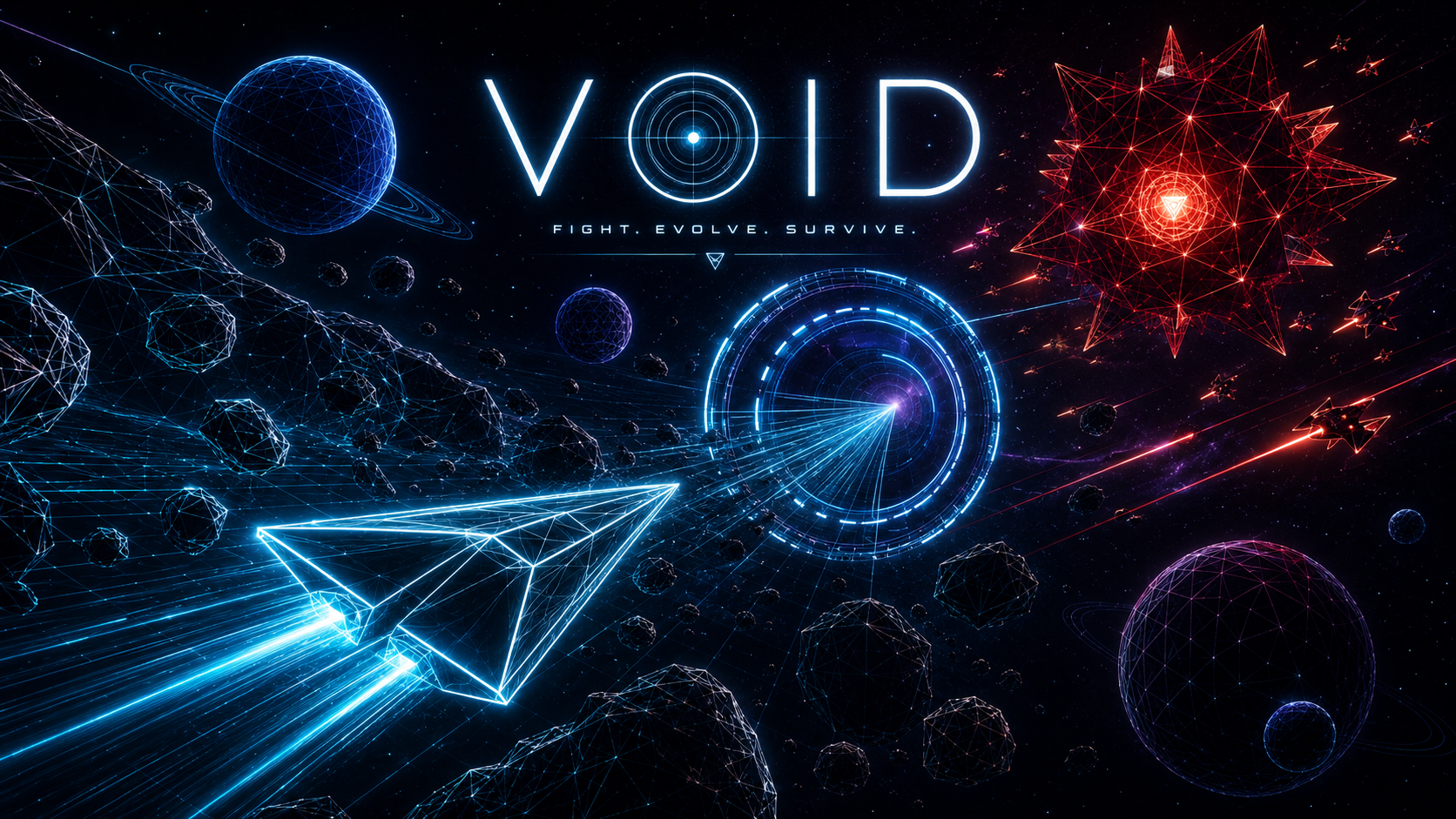 VOID wireframe spacecraft flying through a galaxy of planets, asteroids, enemies, and a luminous gateway